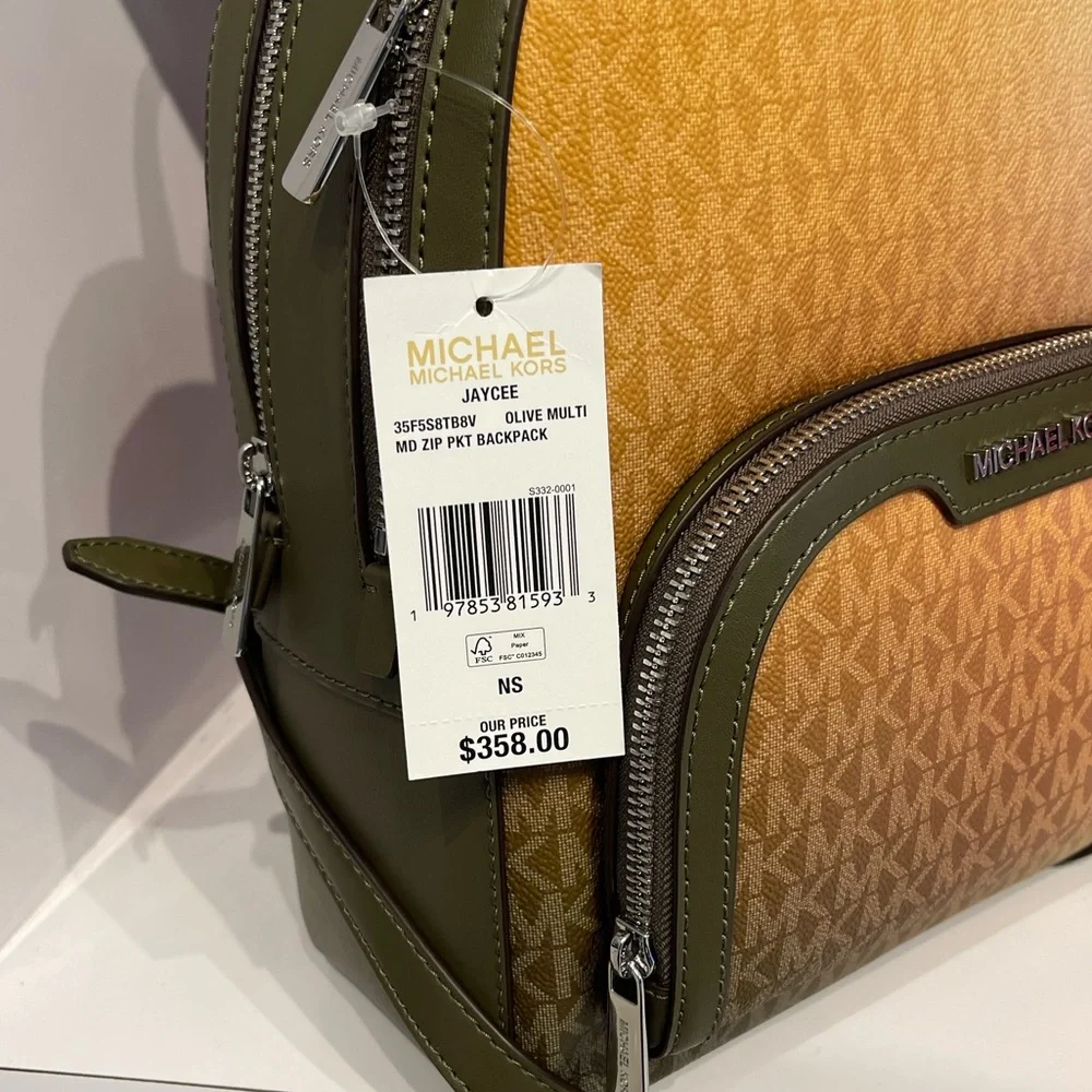 MICHAEL KORS Jaycee Medium Ombré Signature Logo Backpack Olive Combo NWT